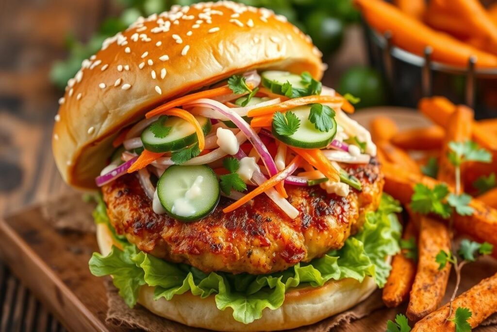 Chicken burger with cucumber slaw